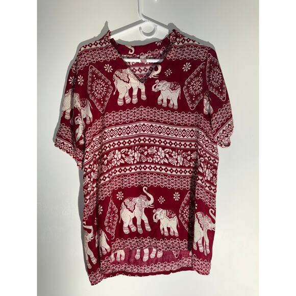 Boho Elephant Print Red & White Short Sleeve Top – Asian-Inspired – Size Small - Picture 1 of 3